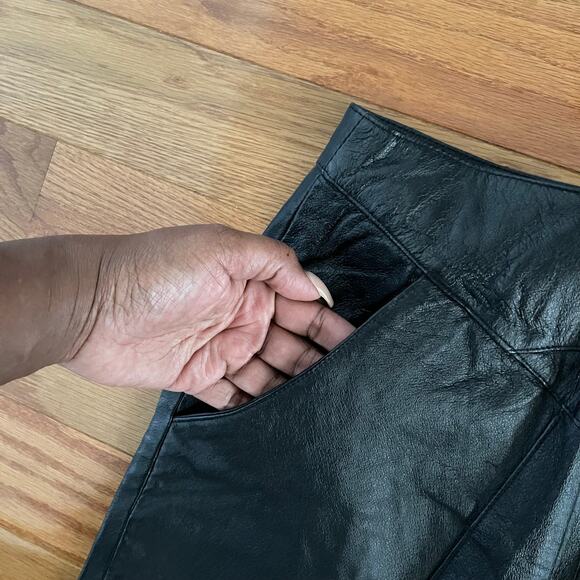 Vintage Leather Midi Skirt Womens 14 Black 80s Mod Retro Classic Modest Length - Picture 3 of 10